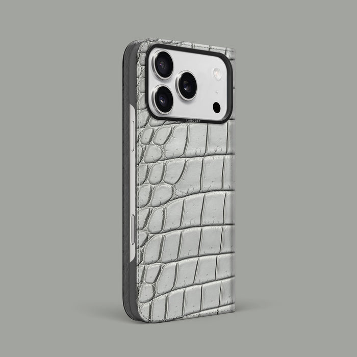 Grey-Mouse iPhone 17 Pro Max Folio Case 1/1 Alligator with Black Metal -1 | Grey-Mouse-Black
