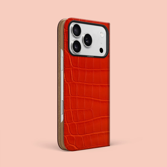 Orange-Fluo iPhone 17 Pro Max Folio Case 1/1 Alligator with Black Metal -1 | Orange-Fluo-Black