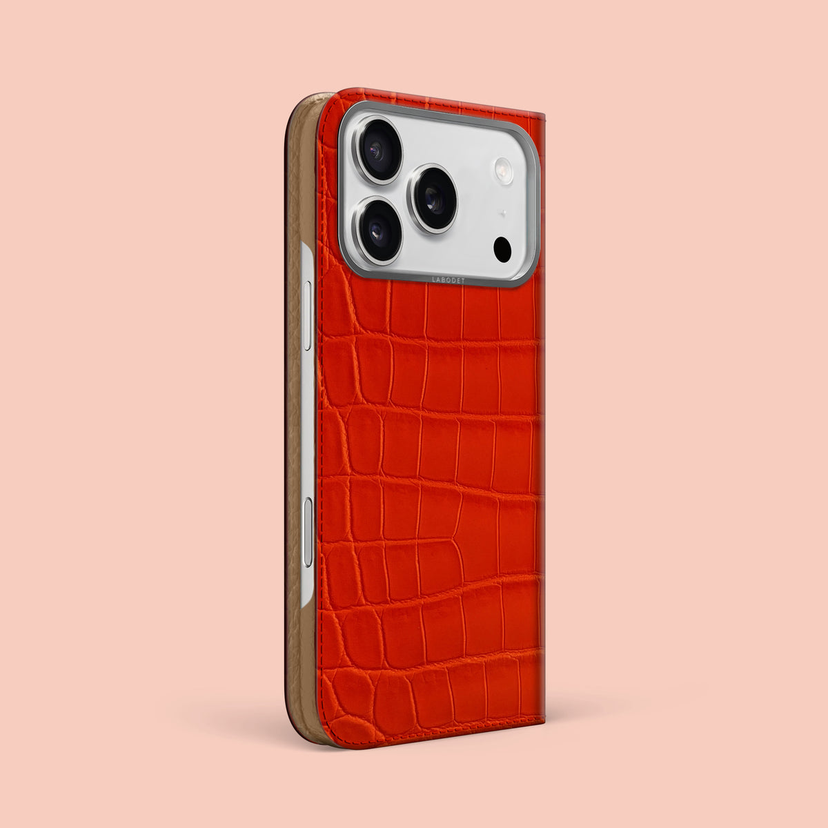 Orange-Fluo iPhone 17 Pro Max Folio Case 1/1 Alligator with Steel Metal -1 | Orange-Fluo-Steel