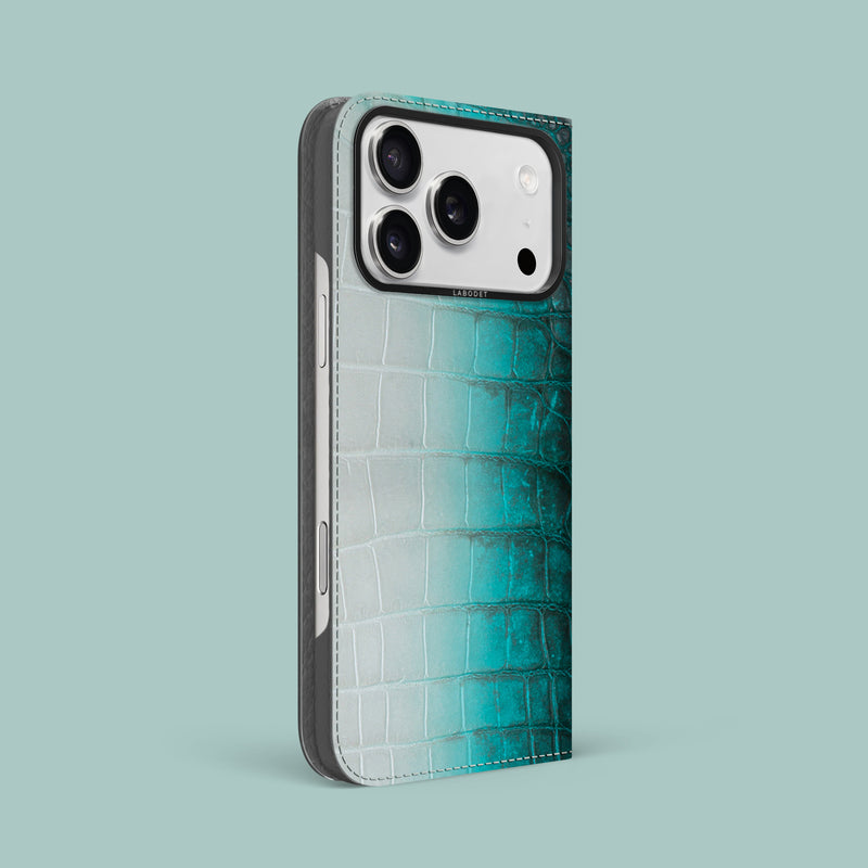 Turquoise iPhone 17 Pro Max Folio Case 1/1 Himalayan Crocodile with Black Metal -1 | Turquoise-Black