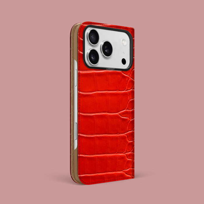 iPhone 17 Pro Max Folio Case Deep Coral Alligator with Black Metal -1 | Deep-Coral-Black