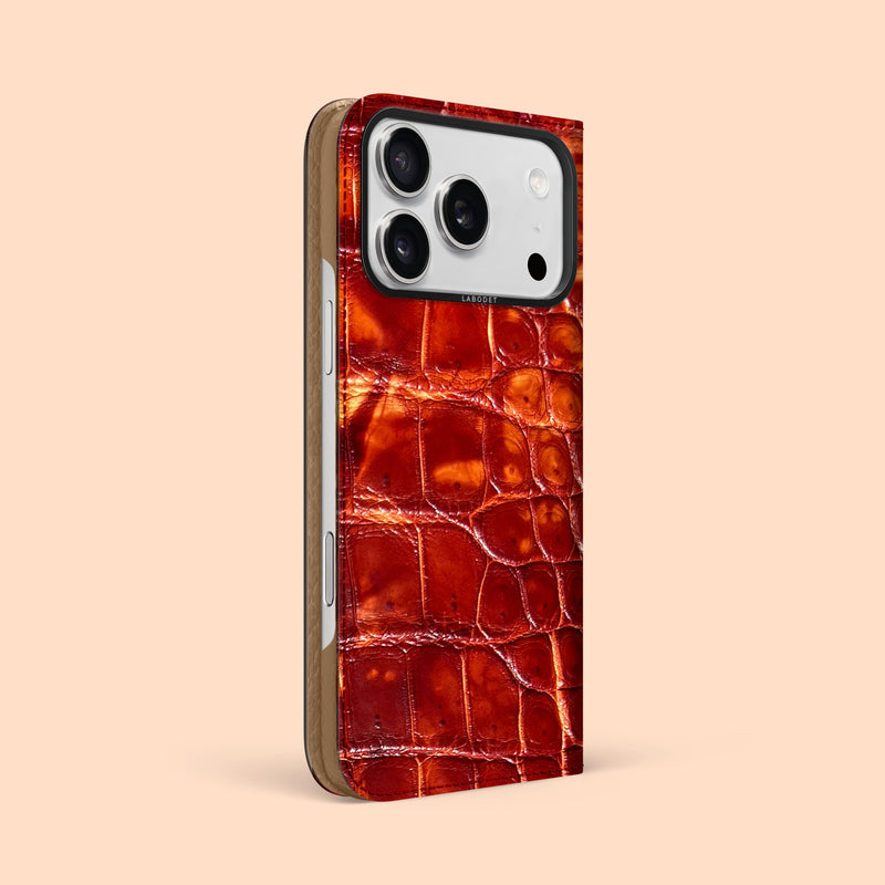 Red-Clay iPhone 17 Pro Max Folio Case 1/1 Alligator with Black Metal -1 | Red-Clay-Black