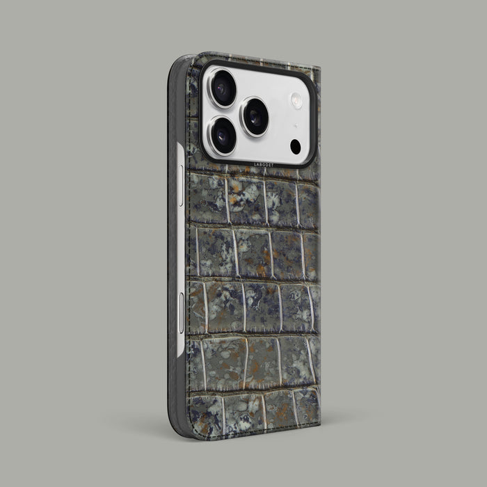 Puddle iPhone 17 Pro Max Folio Case 1/1 Alligator with Black Metal -1 | Puddle-Black