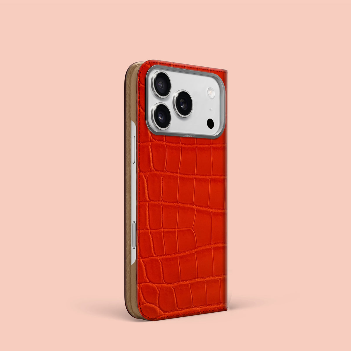 Orange-Fluo iPhone 17 Pro Folio Case 1/1 Alligator with Steel Metal -1 | Orange-Fluo-Steel