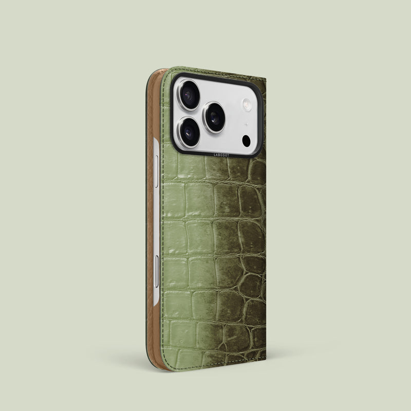 Folio Case Celadon Green For iPhone 17 Pro In Himalayan Crocodile with Black Metal -1 | Celadon-Green-Black