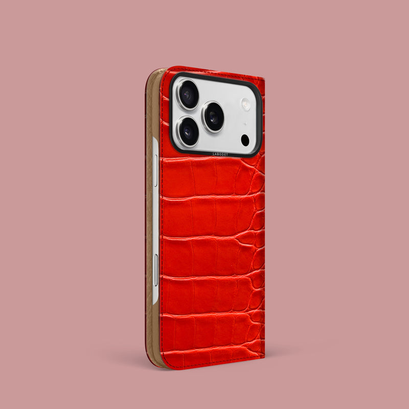 iPhone 17 Pro Folio Case Deep Coral Alligator with Black Metal -1 | Deep-Coral-Black