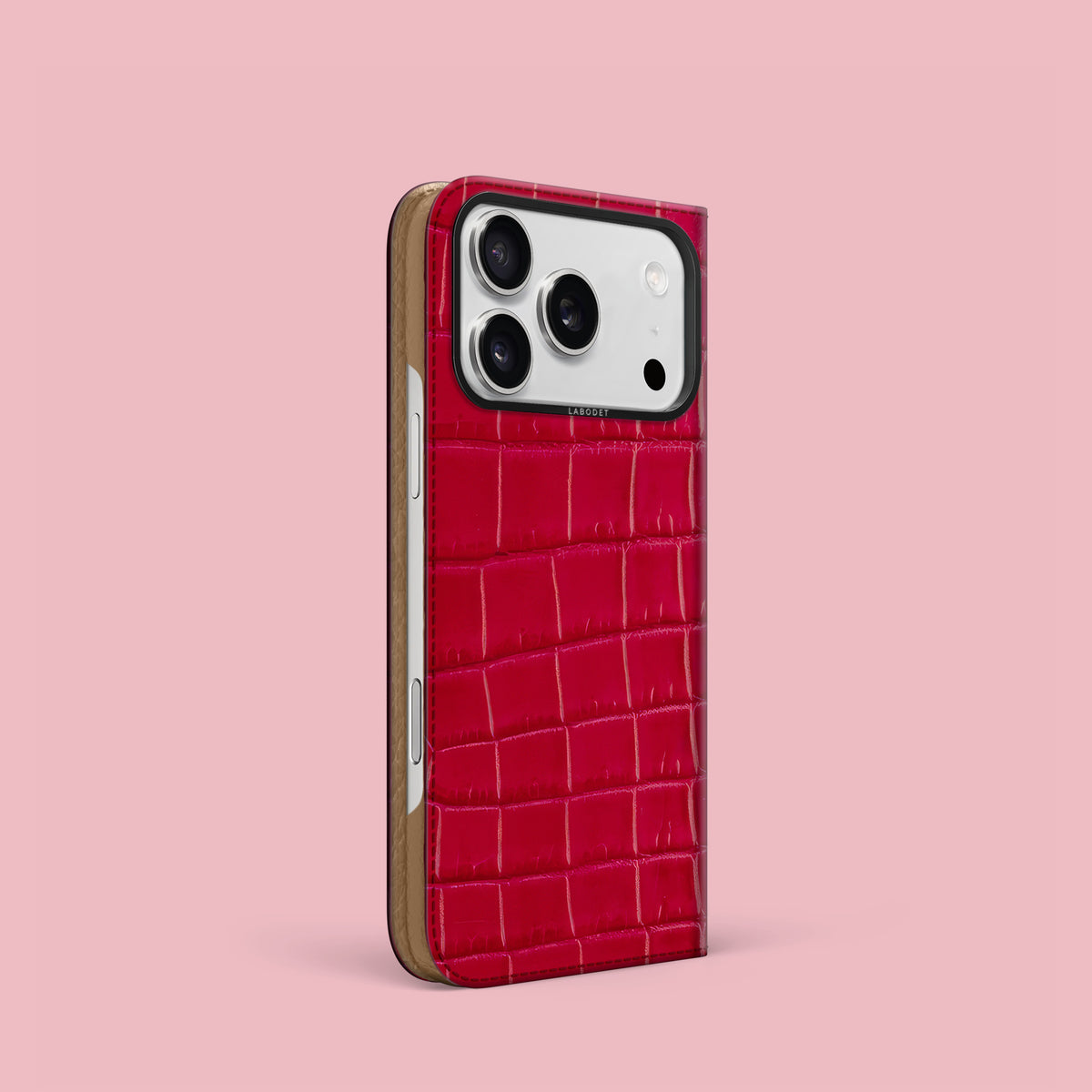 Lacquered-Pink iPhone 17 Pro Folio Case 1/1 Alligator with Black Metal -1 | Lacquered-Pink-Black