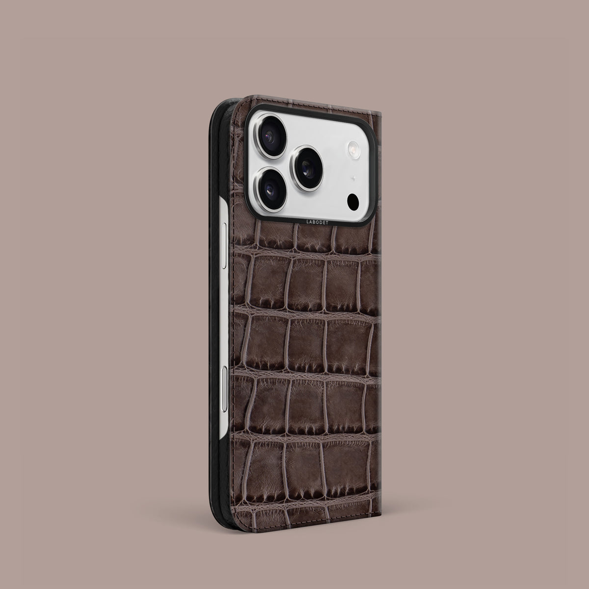 Iced-Chocolate iPhone 17 Pro Folio Case 1/1 Alligator with Black Metal -1 | Iced-Chocolate-Black