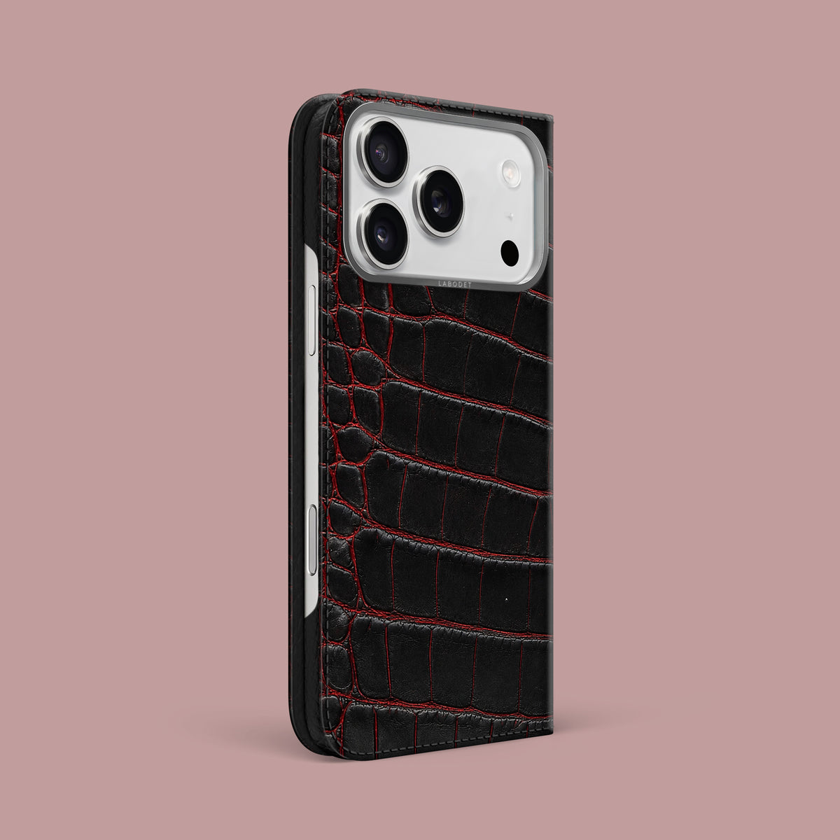 Black-Crimson iPhone 18 Pro Max Folio Case 1/1 Alligator with Steel Metal -1 | Black-Crimson-Steel