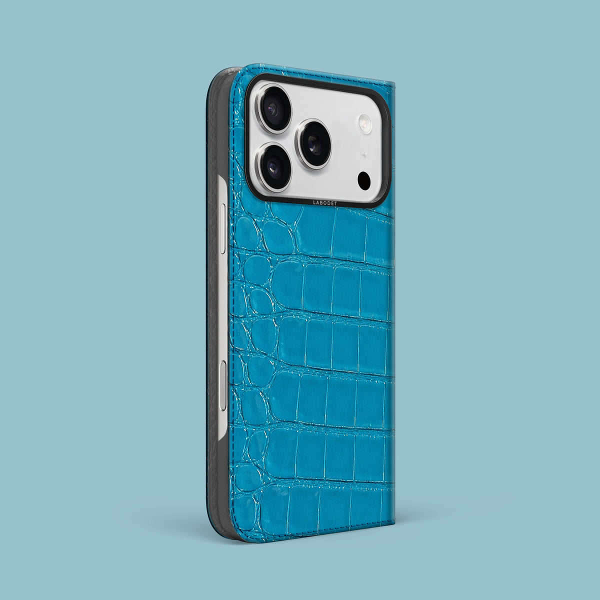Turquoise-Lagoon iPhone 18 Pro Max Folio Case 1/1 Alligator with Black Metal -1 | Turquoise-Lagoon-Black