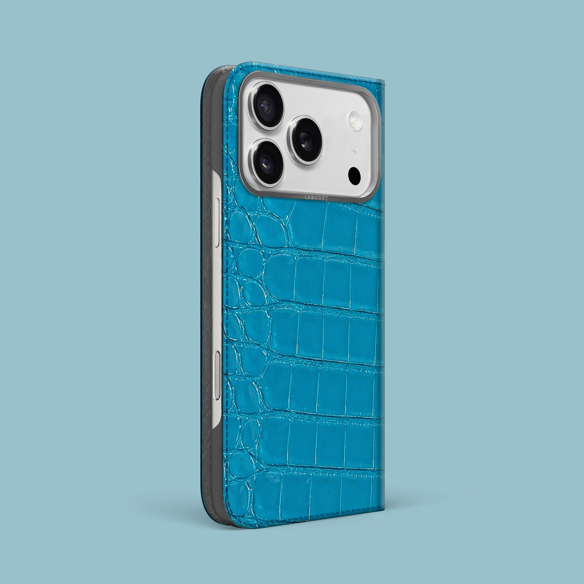 Turquoise-Lagoon iPhone 18 Pro Max Folio Case 1/1 Alligator with Steel Metal -1 | Turquoise-Lagoon-Steel