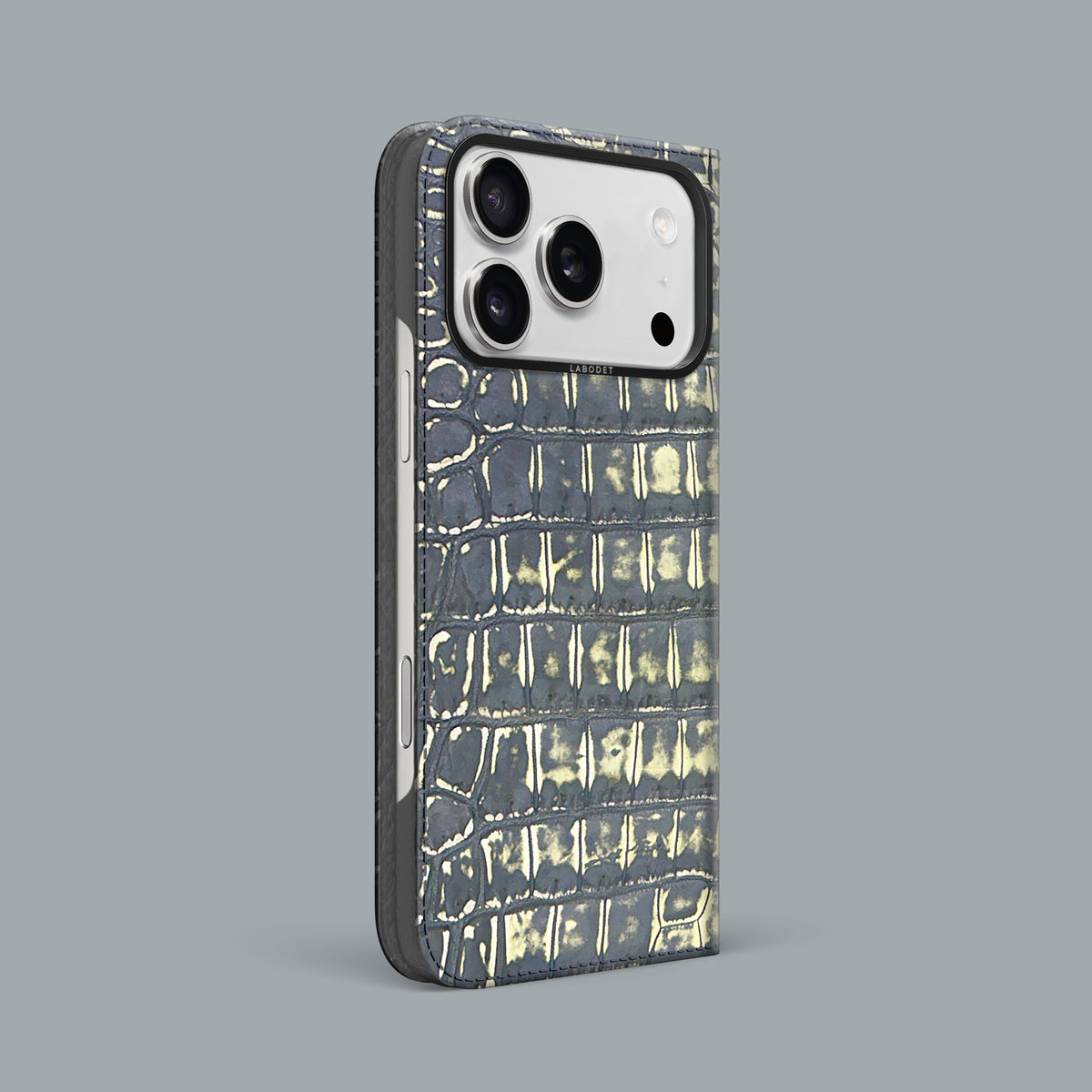 Slate-Ivory iPhone 18 Pro Max Folio Case 1/1 Alligator with Black Metal -1 | Slate-Ivory-Black