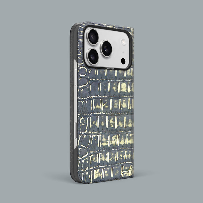 Slate-Ivory iPhone 18 Pro Max Folio Case 1/1 Alligator with Black Metal -1 | Slate-Ivory-Black