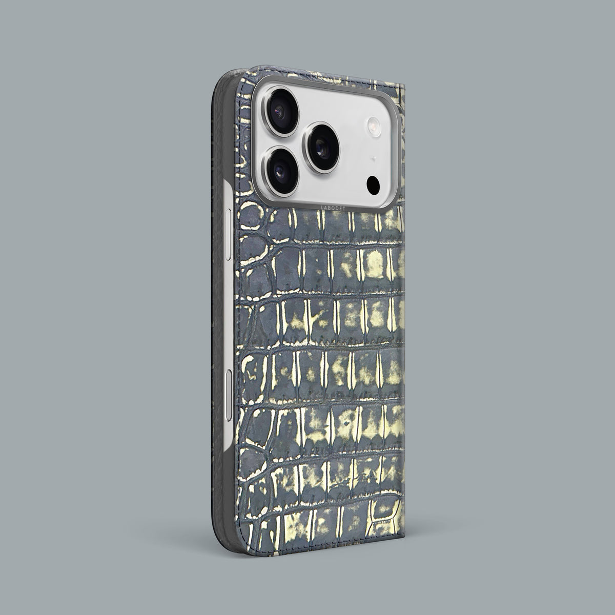 Slate-Ivory iPhone 18 Pro Max Folio Case 1/1 Alligator with Steel Metal -1 | Slate-Ivory-Steel