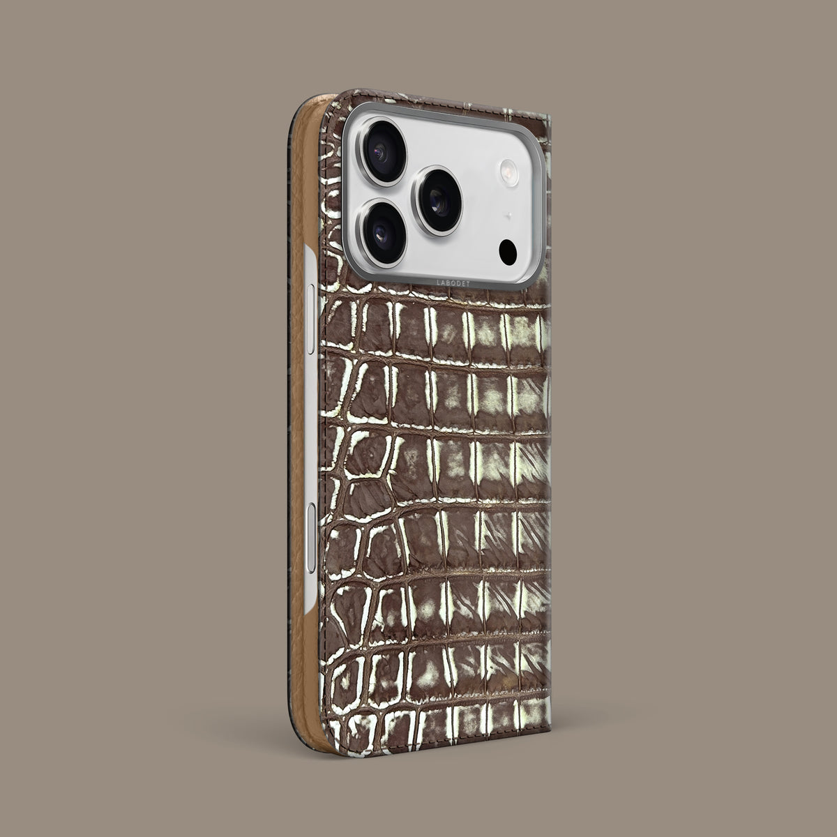 Ivory-Chocolate iPhone 18 Pro Max Folio Case 1/1 Alligator with Steel Metal -1 | Ivory-Chocolate-Steel