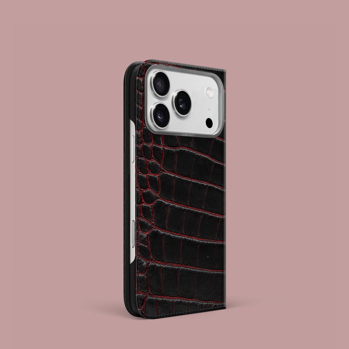 Black-Crimson iPhone 18 Pro Folio Case 1/1 Alligator with Steel Metal -1 | Black-Crimson-Steel