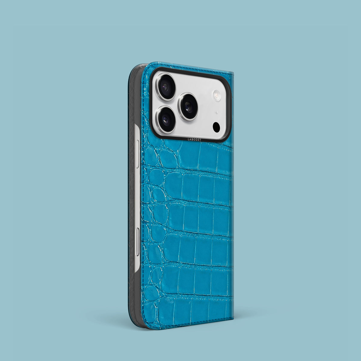 Turquoise-Lagoon iPhone 18 Pro Folio Case 1/1 Alligator with Black Metal -1 | Turquoise-Lagoon-Black
