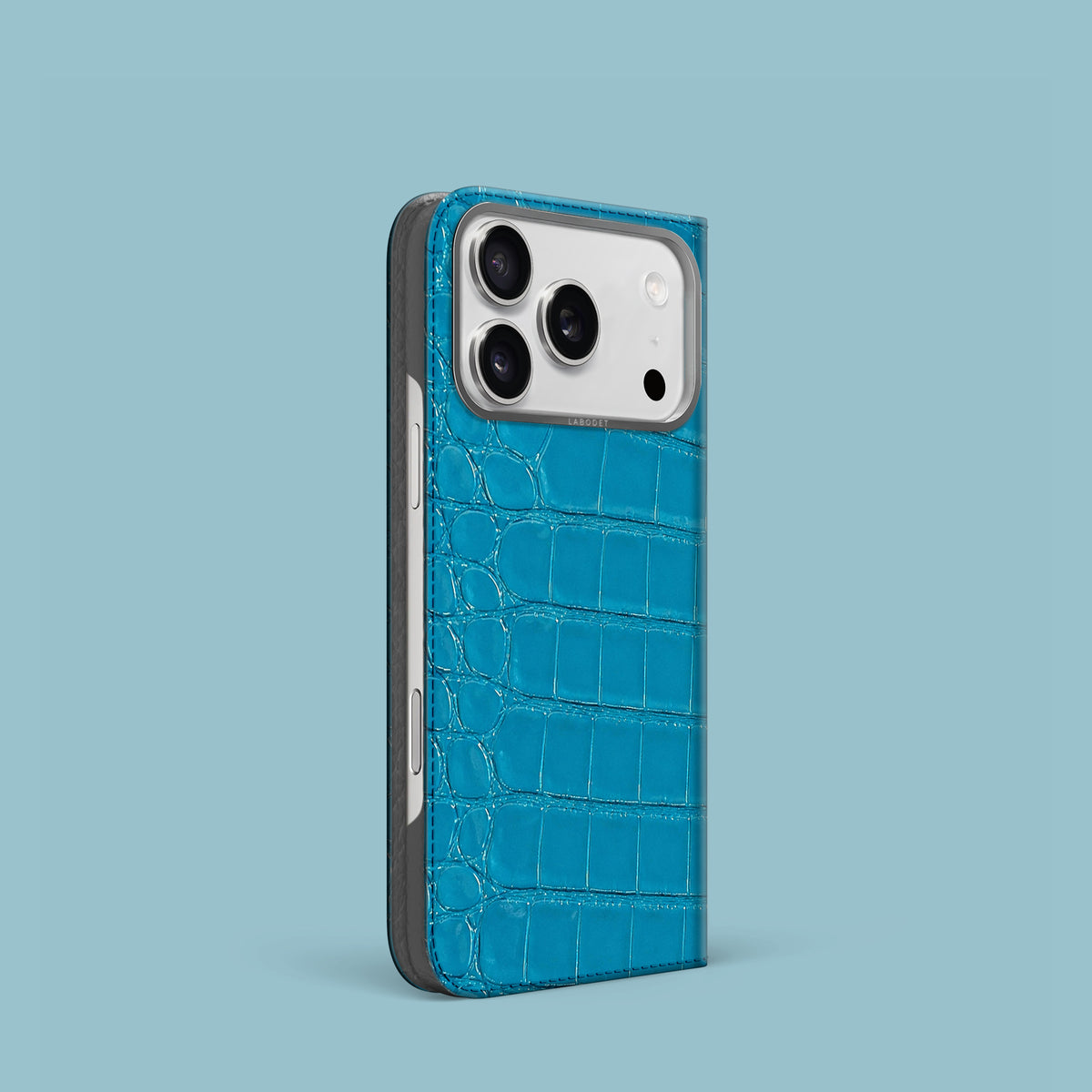 Turquoise-Lagoon iPhone 18 Pro Folio Case 1/1 Alligator with Steel Metal -1 | Turquoise-Lagoon-Steel