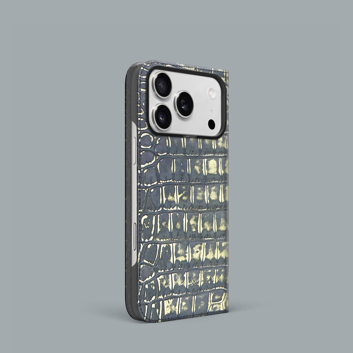 Slate-Ivory iPhone 18 Pro Folio Case 1/1 Alligator with Black Metal -1 | Slate-Ivory-Black