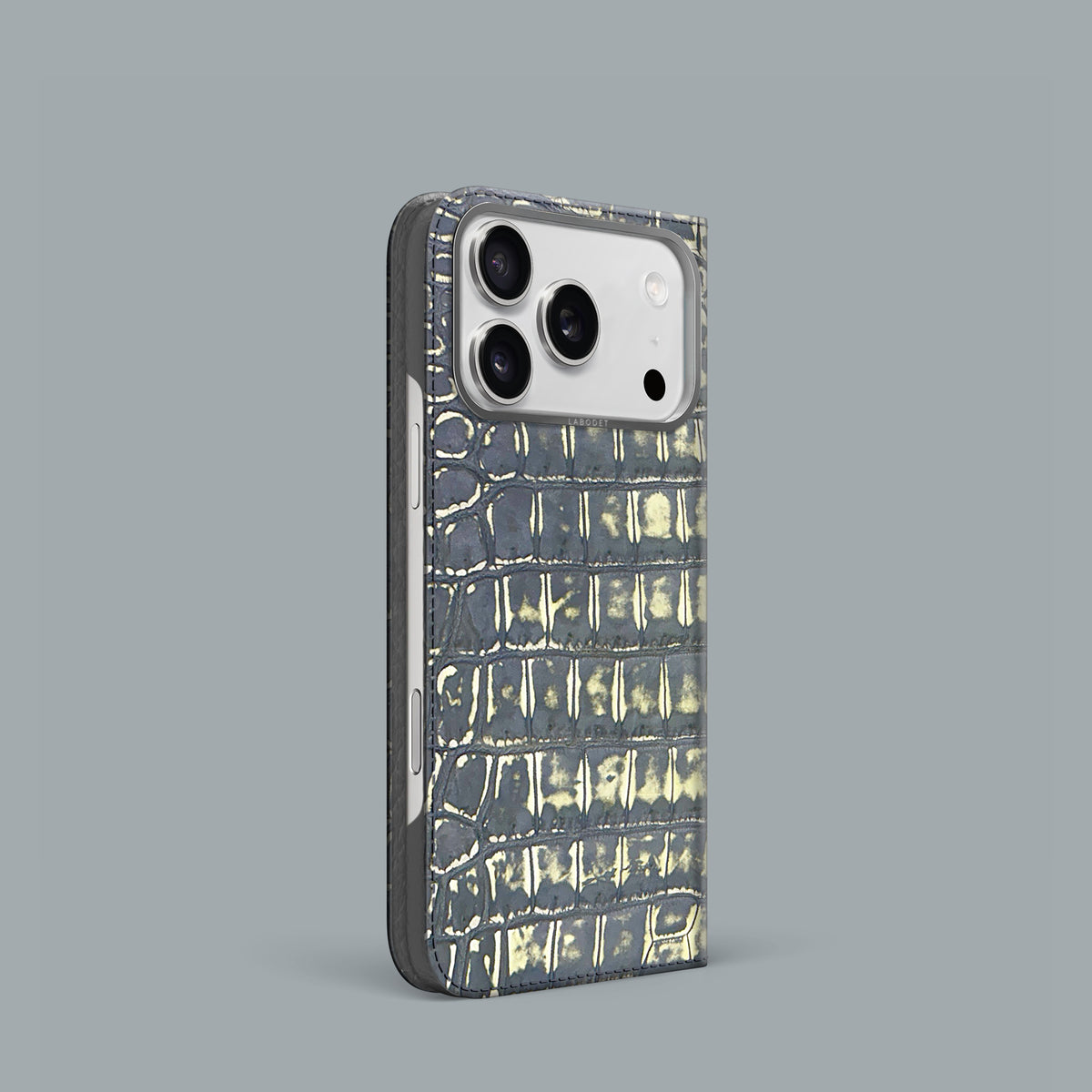 Slate-Ivory iPhone 18 Pro Folio Case 1/1 Alligator with Steel Metal -1 | Slate-Ivory-Steel