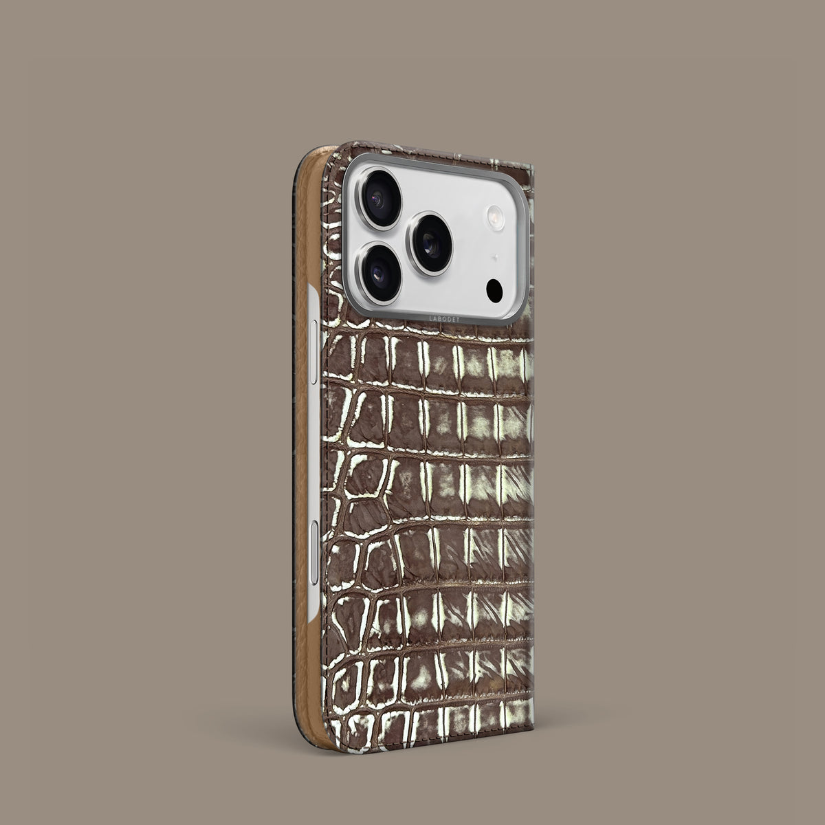 Ivory-Chocolate iPhone 18 Pro Folio Case 1/1 Alligator with Steel Metal -1 | Ivory-Chocolate-Steel