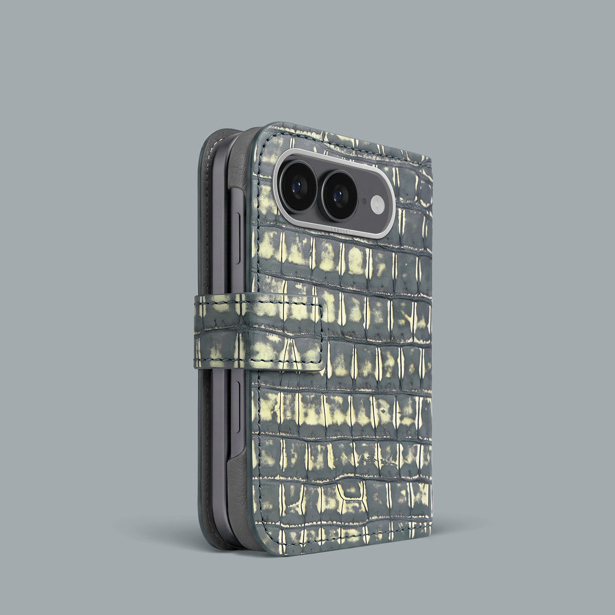 Folio Case 1/1 For iPhone Ultra In Alligator with Steel metal -1 | Slate-Ivory-Steel