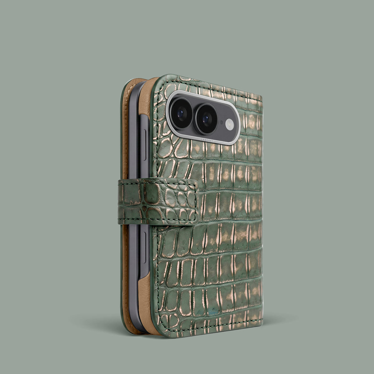 Folio Case 1/1 For iPhone Ultra In Alligator with Steel metal -1 | Sage-Patina-Steel