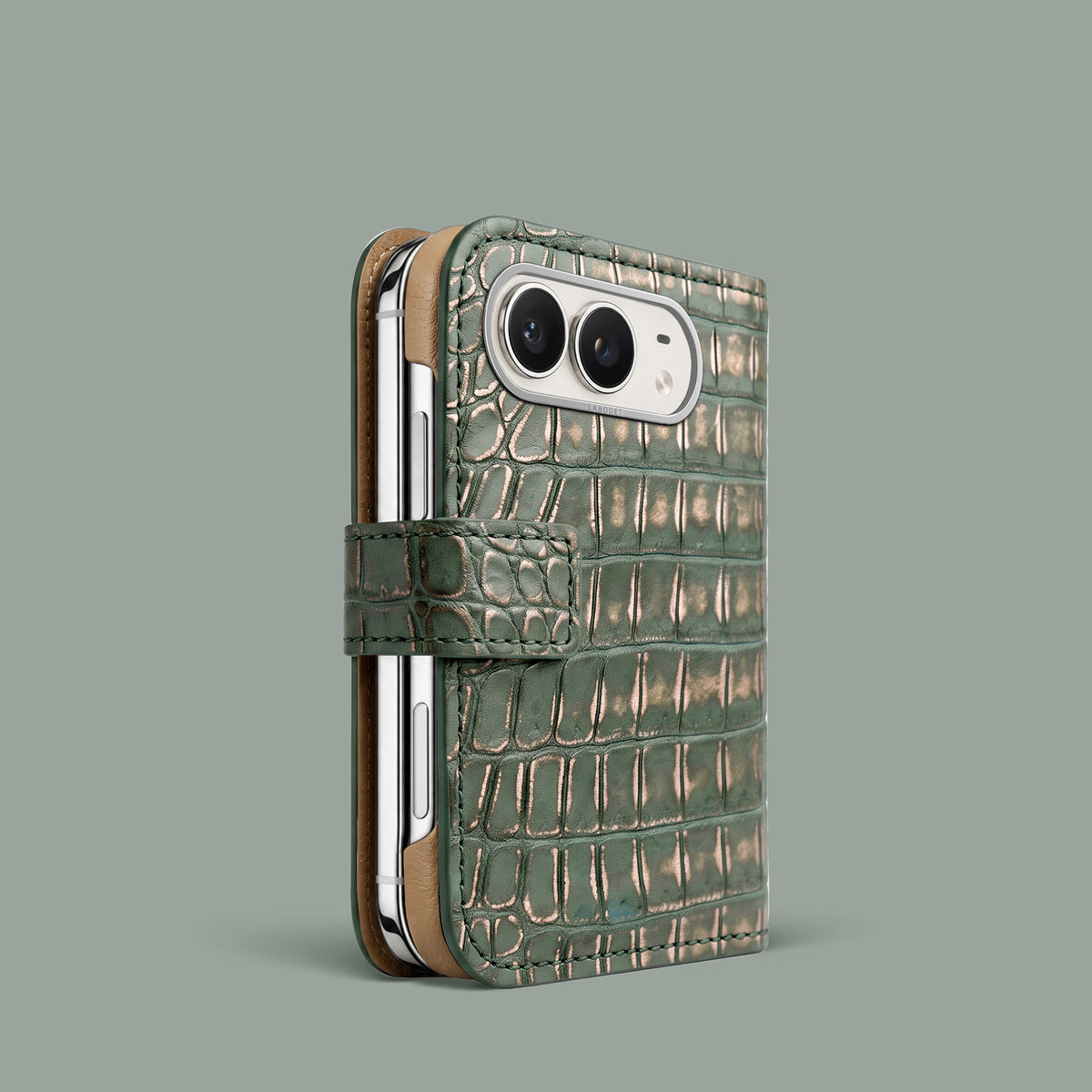Folio Case 1/1 For iPhone Duo In Alligator with Steel metal -1 | Sage-Patina-Steel