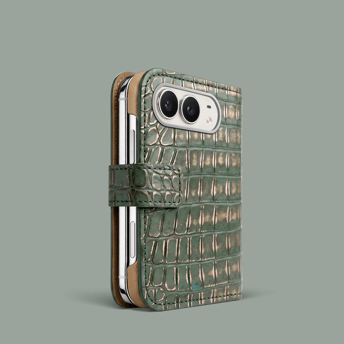 Folio Case 1/1 For iPhone Duo In Alligator with Steel metal -1 | Sage-Patina-Steel