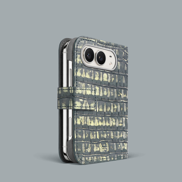 Folio Case 1/1 For iPhone Duo In Alligator with Steel metal -1 | Slate-Ivory-Steel