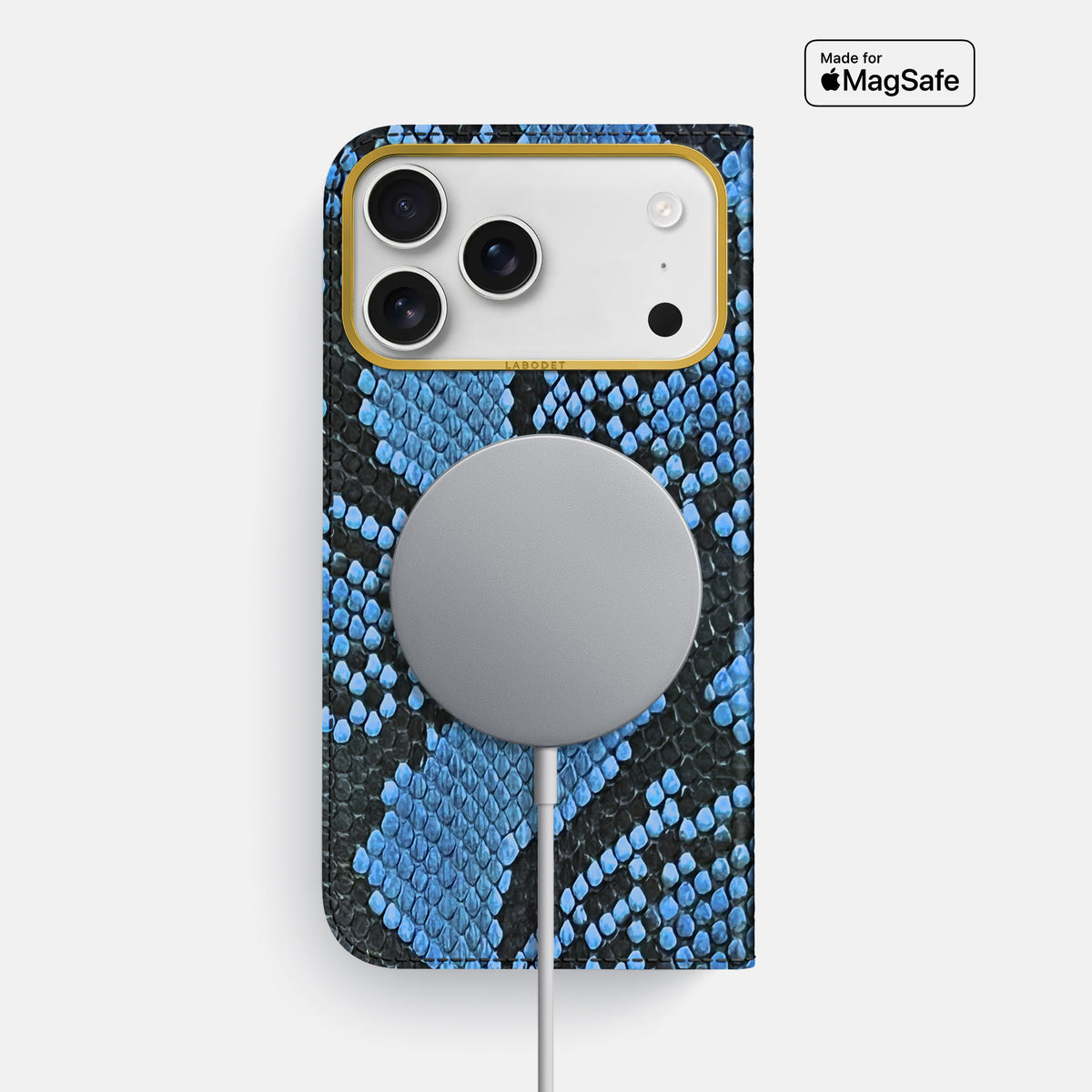 Folio Case For iPhone 17 Pro Max In Deluxe Python -3 | Blue-Jeans-Gold