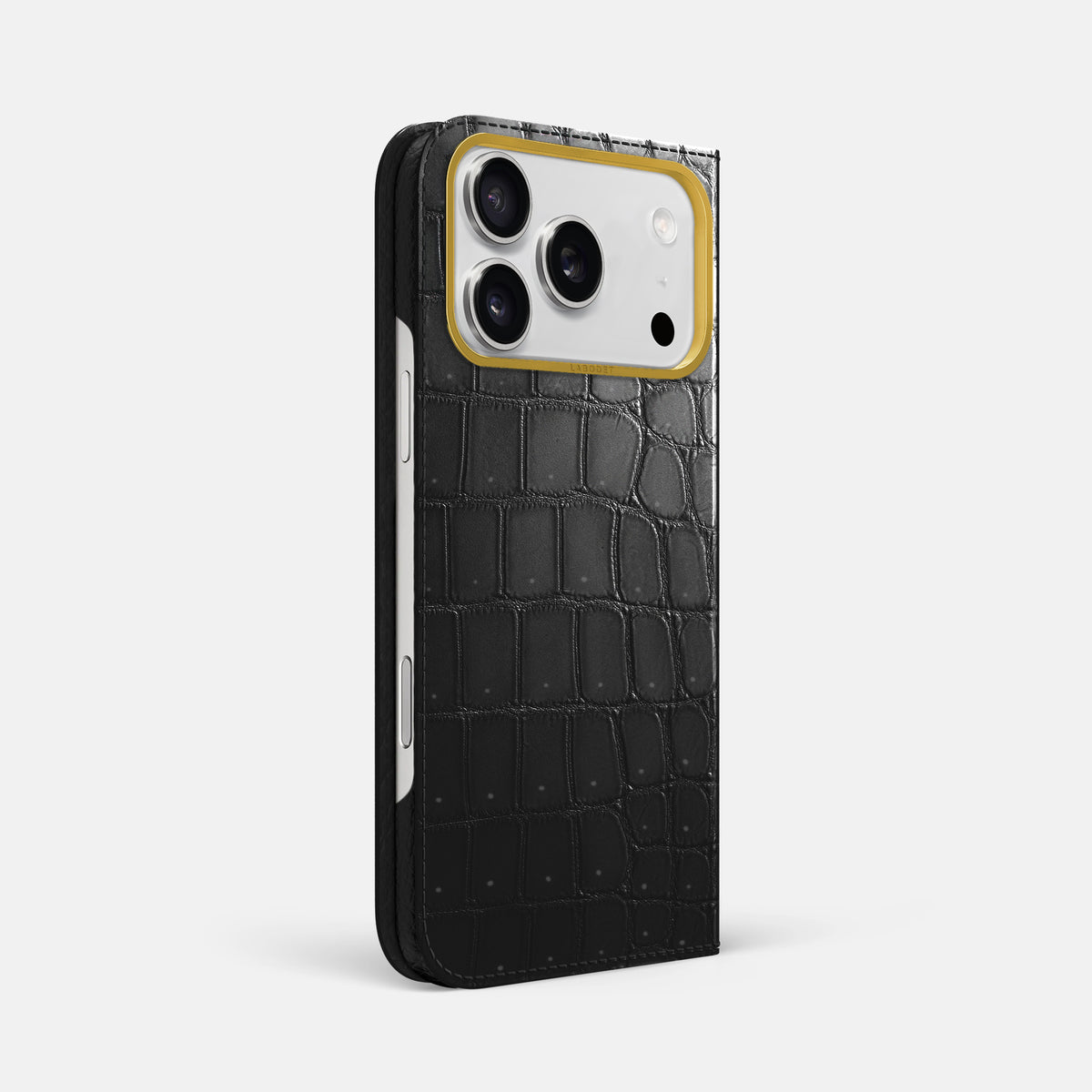 Folio Case For iPhone 17 Pro Max In Porosus Crocodile -1 | Shiny-Black-Gold