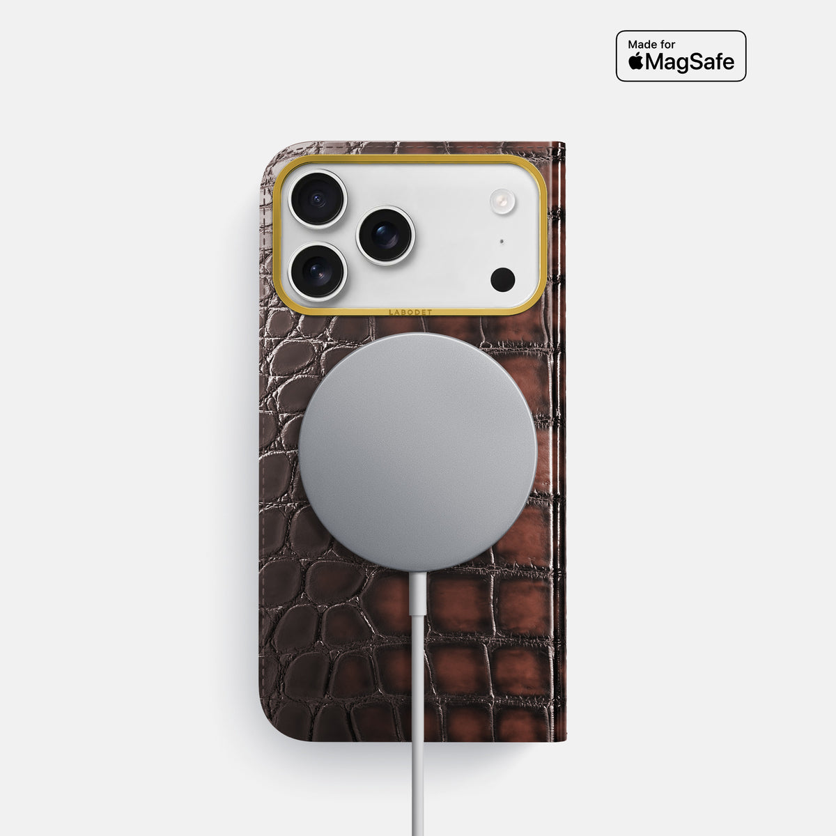 Folio Case For iPhone 18 Pro In Patina Alligator -3 | Havana-Brown-Gold
