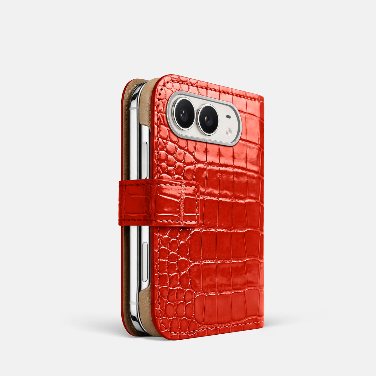Folio Case For iPhone Duo In Shiny Alligator -1 | Coral-Orange-Steel