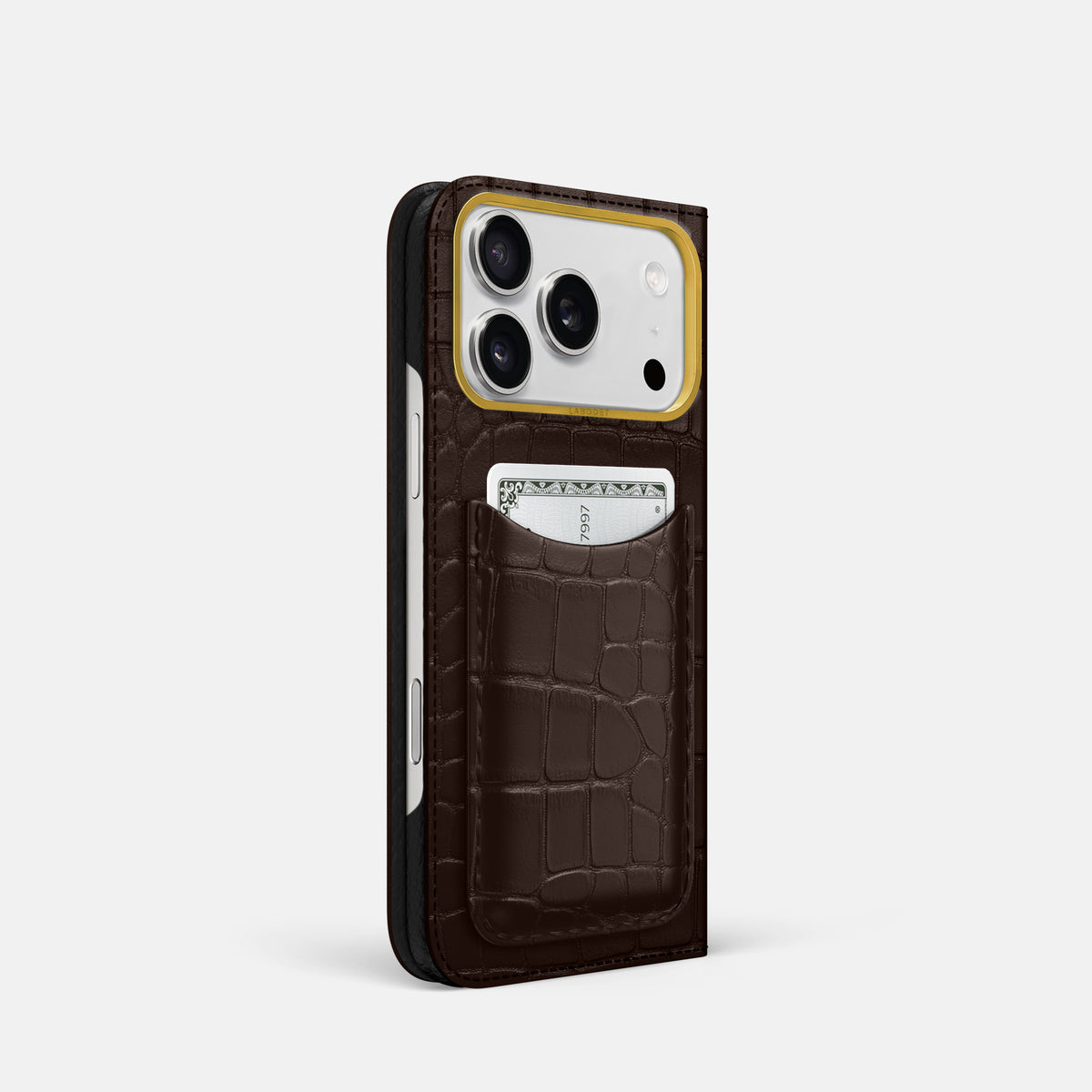 Folio Case with Card For iPhone 17 Pro In Alligator -1 | Dark-Brown-Gold