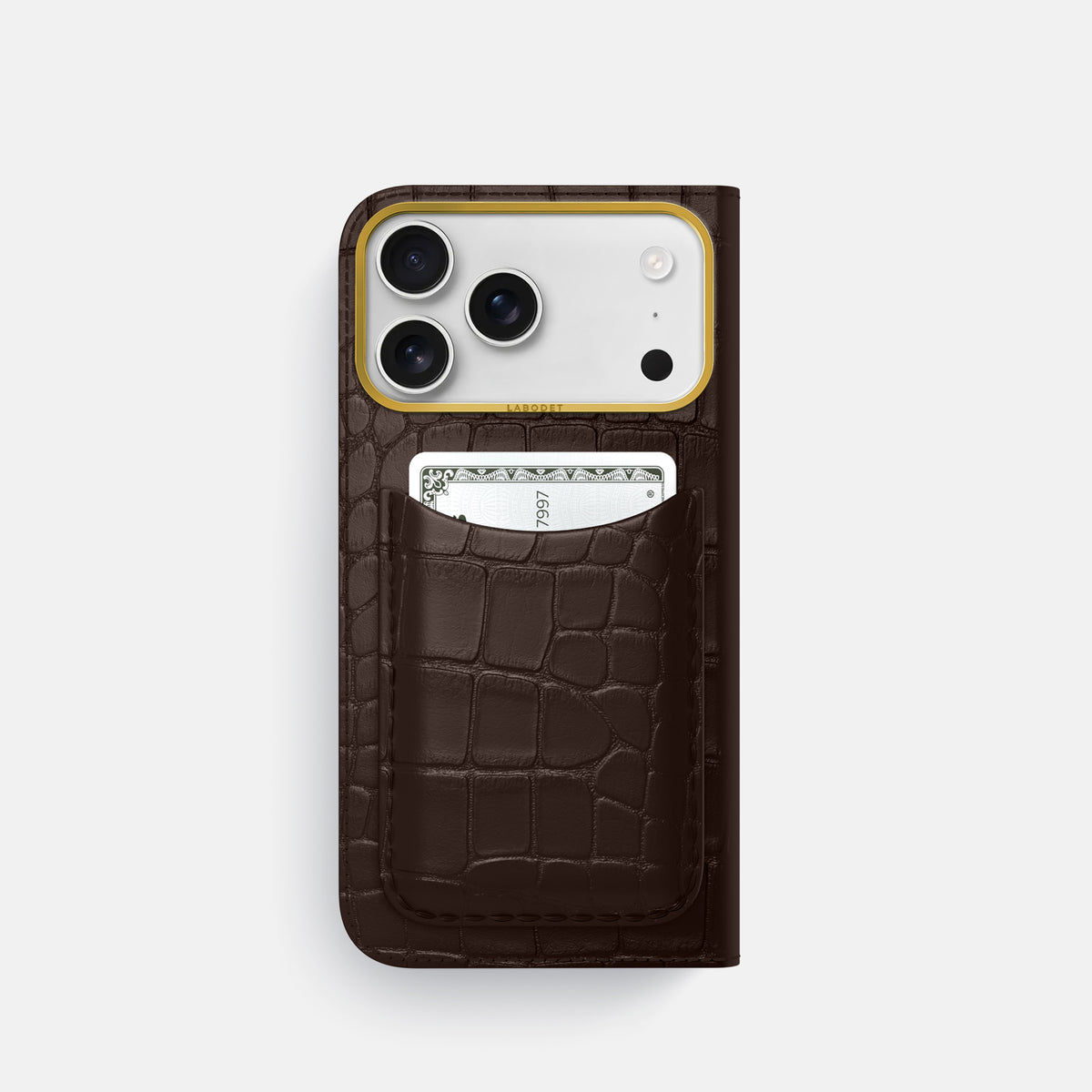 Folio Case with Card For iPhone 17 Pro In Alligator -3 | Dark-Brown-Gold