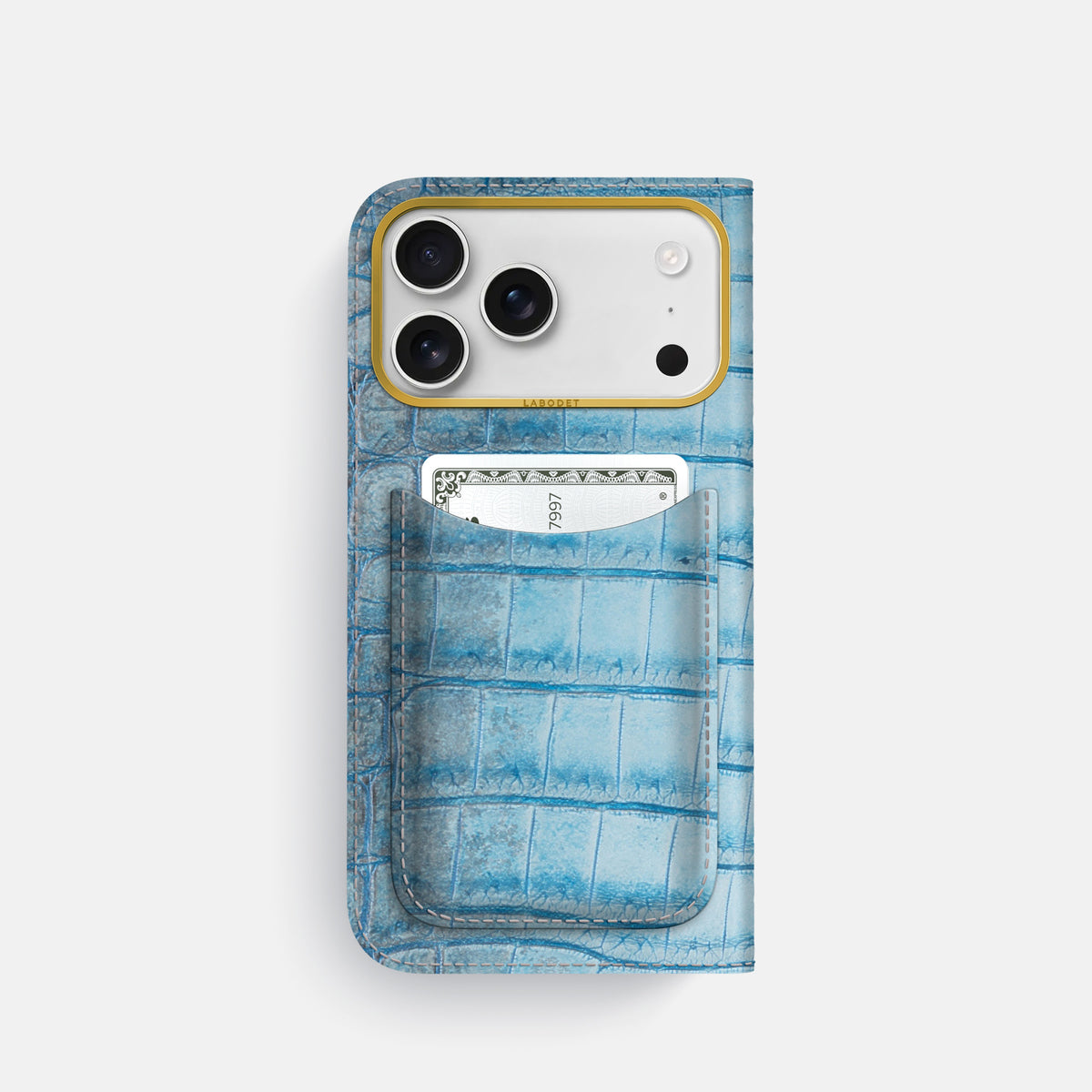 Folio Case with Card For iPhone 17 Pro In Himalayan Crocodile -3 | Ice-Blue-Gold