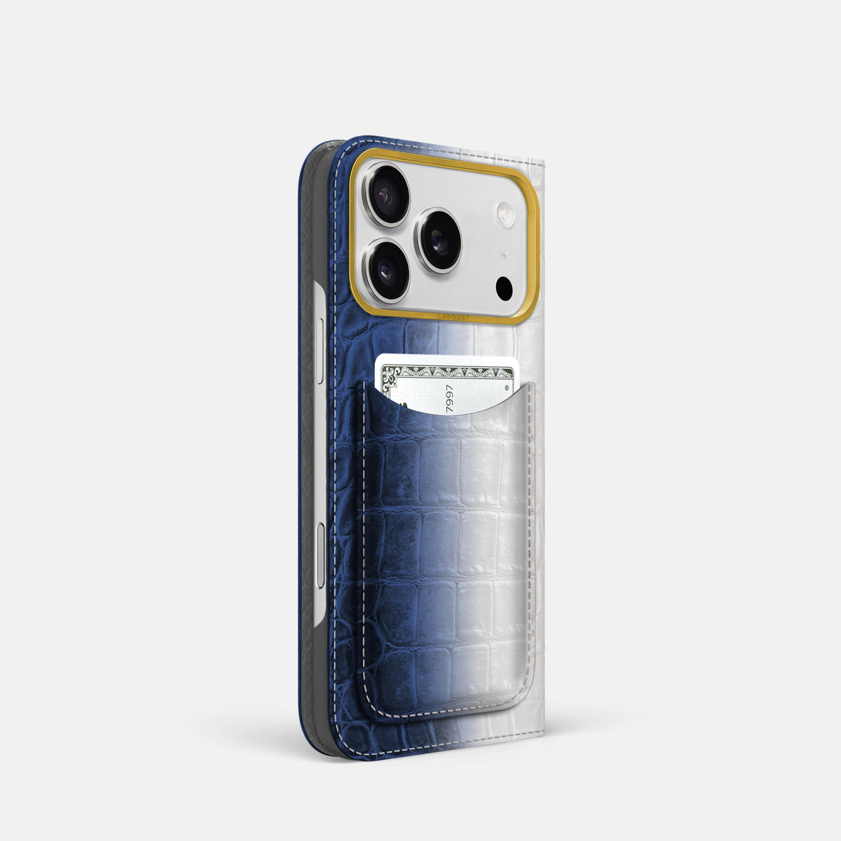 Folio Case with Card For iPhone 17 Pro In Himalayan Crocodile -1 | Navy-Blue-Gold