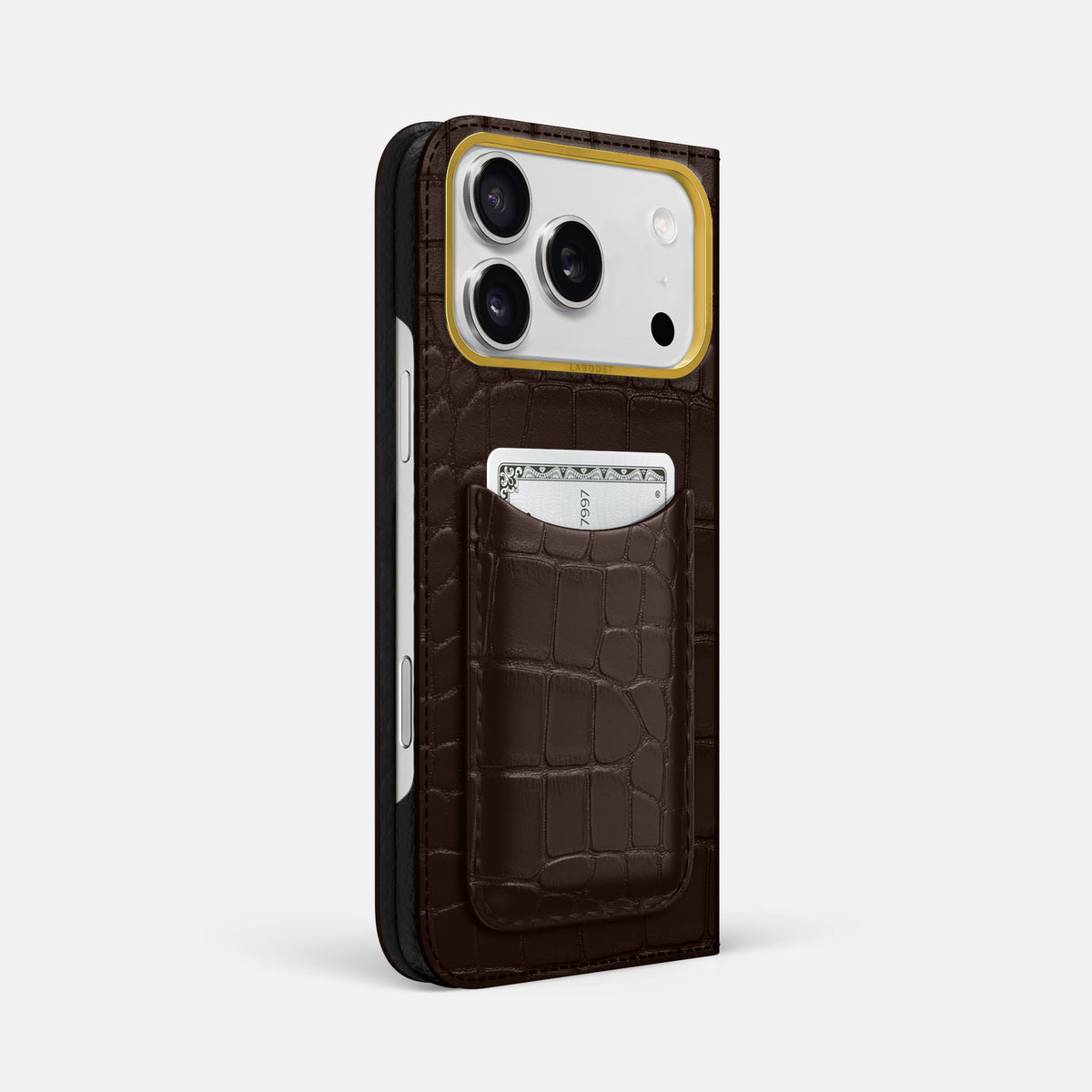 Folio Case with Card For iPhone 17 Pro Max In Alligator -1 | Dark-Brown-Gold