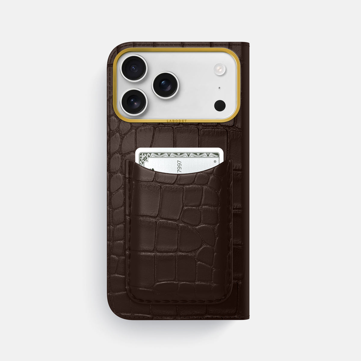 Folio Case with Card For iPhone 17 Pro Max In Alligator -3 | Dark-Brown-Gold