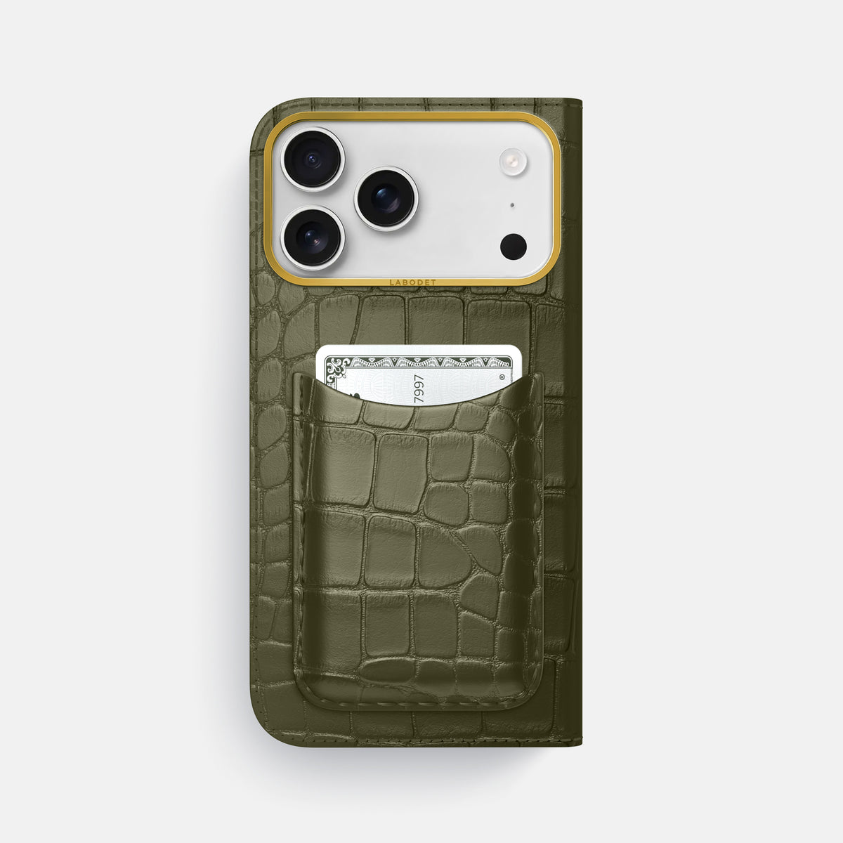 Folio Case with Card For iPhone 17 Pro Max In Alligator -3 | Kaki-Green-Gold