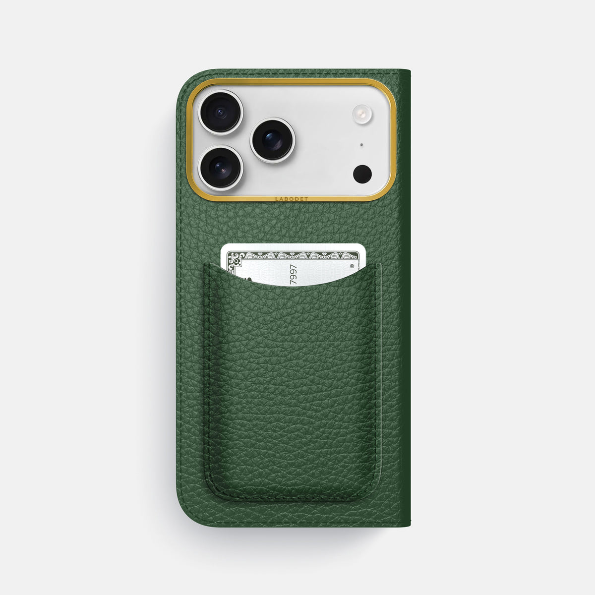 Folio Case with Card For iPhone 17 Pro Max In Calf -3 | Dark-Green-Gold