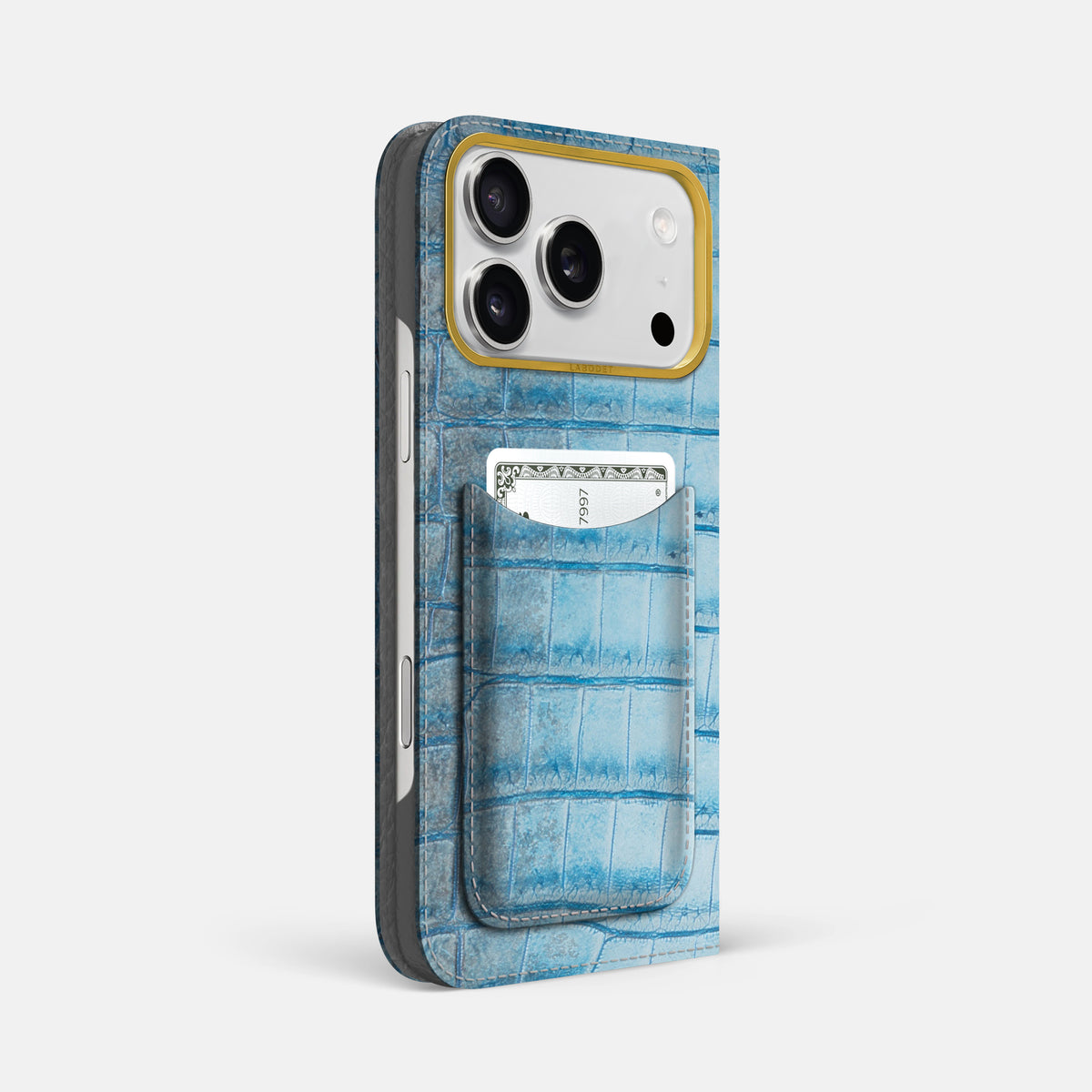 Folio Case with Card For iPhone 17 Pro Max In Himalayan Crocodile -1 | Ice-Blue-Gold