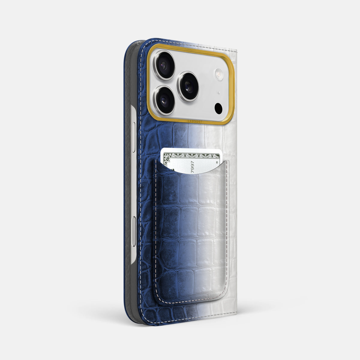 Folio Case with Card For iPhone 17 Pro Max In Himalayan Crocodile -1 | Navy-Blue-Gold
