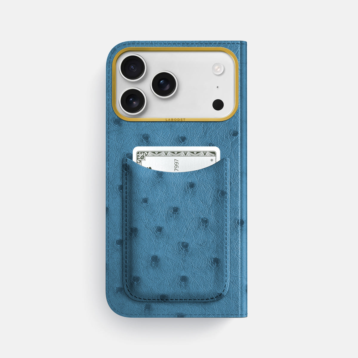 Folio Case with Card For iPhone 17 Pro Max In Ostrich -3 | Blue-Jeans-Gold