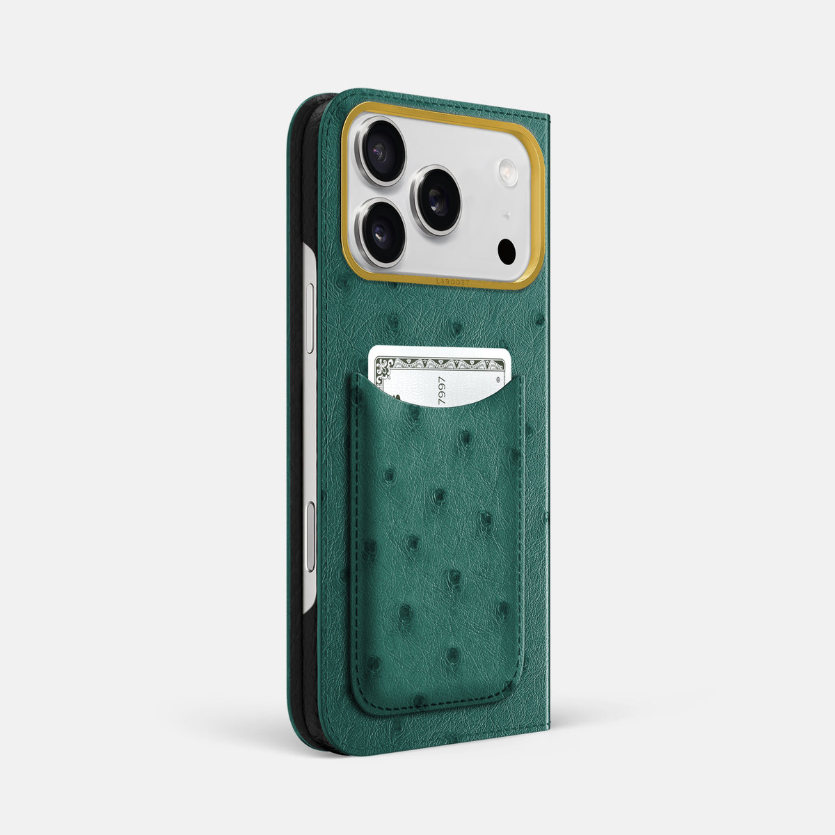 Folio Case with Card For iPhone 17 Pro Max In Ostrich -1 | Forest-Green-Gold