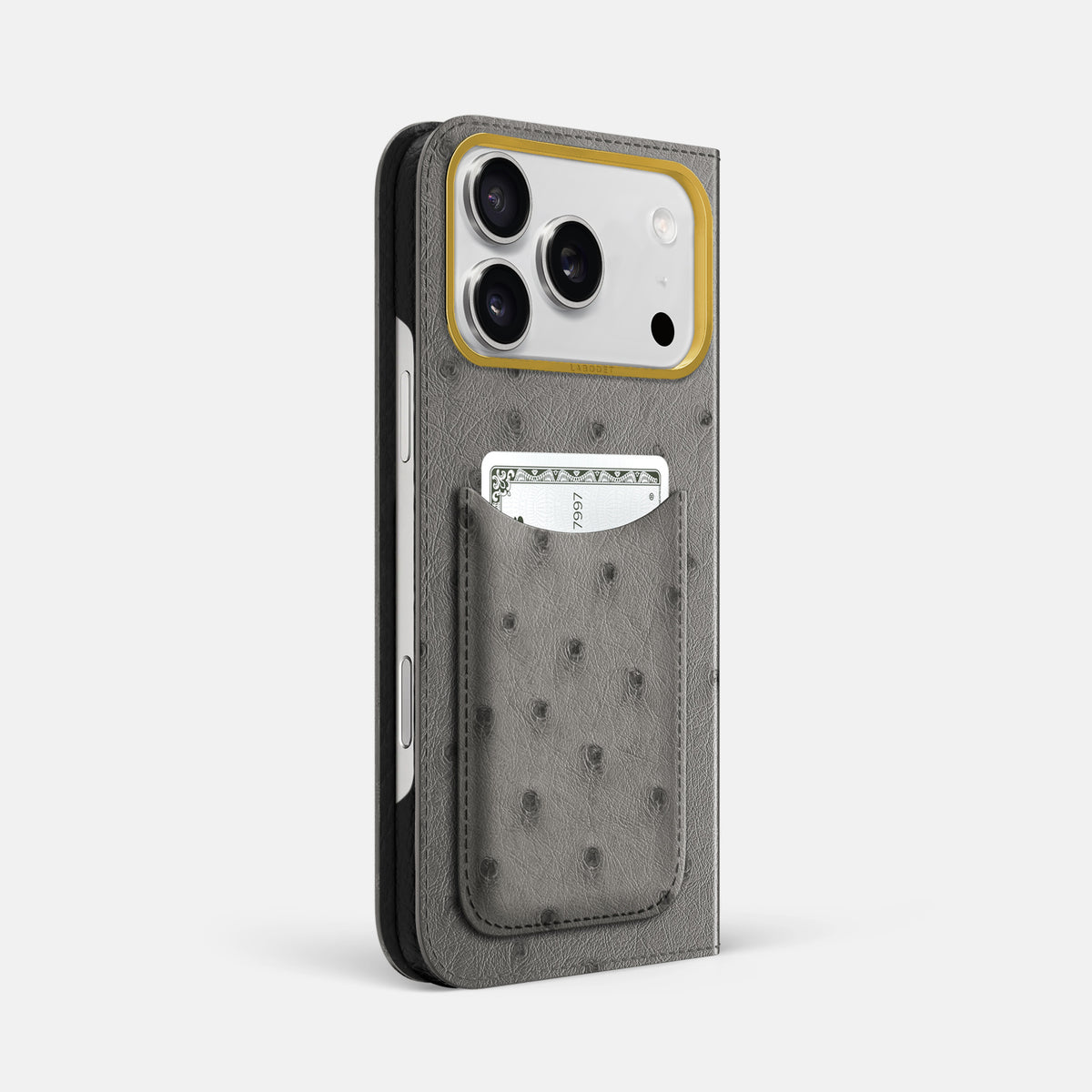 Folio Case with Card For iPhone 17 Pro Max In Ostrich -1 | Grey-Gold