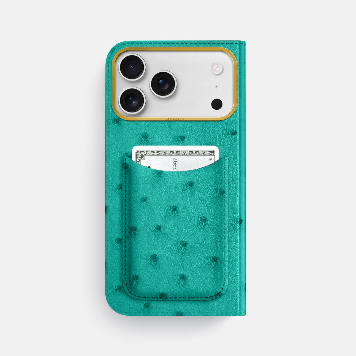 Folio Case with Card For iPhone 17 Pro Max In Ostrich -3 | Turquoise-Gold