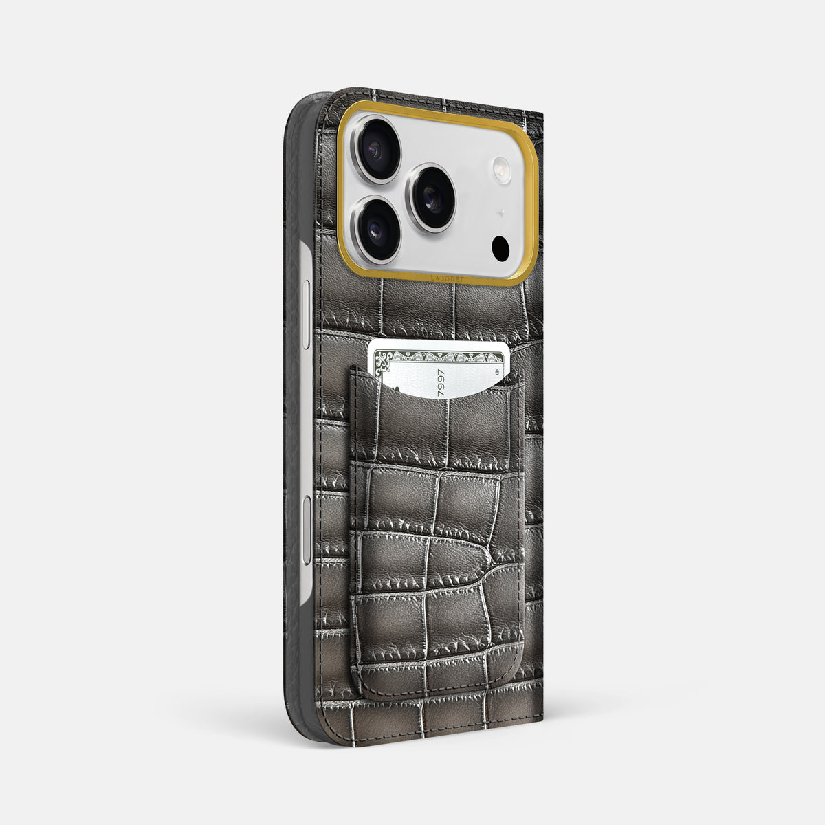 Folio Case with Card For iPhone 17 Pro Max In Patina Alligator -1 | Grey-Gold