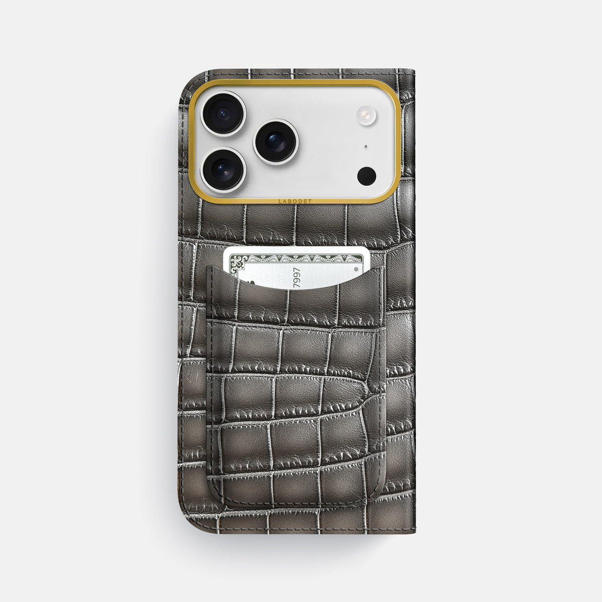 Folio Case with Card For iPhone 17 Pro Max In Patina Alligator -3 | Grey-Gold